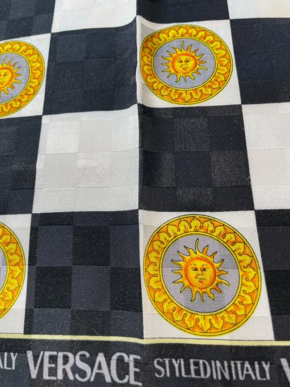 Versace Vintage Checkerboard Sun Print Scarf 53cm Black White Gold